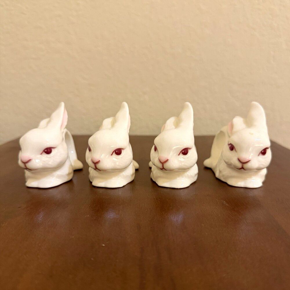 Vintage Ceramic Bunny Rabbit Napkin Rings Set of 4 White Pink Animal Theme